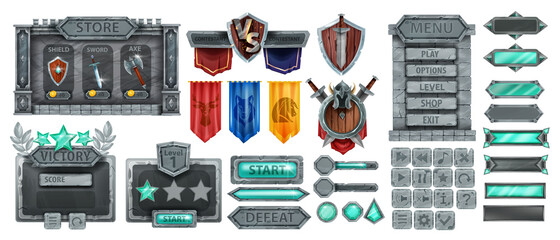 Stone game UI vector set, rock medieval menu frame, sign board, gemstone button, knight flag, shield. Fantasy RPG panel kit, user interface design element, victory badge, store window. Stone game icon
