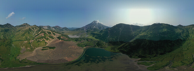 Aerial panorama of Viluchinskiy volcano in summer. Kamchatka