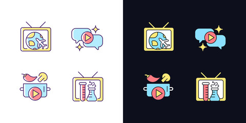 TV series light and dark theme RGB color icons set. Worldwide travel and adventure program. Isolated vector illustrations on white and black space. Simple filled line drawings pack
