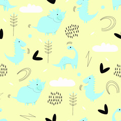 seamless pattern with dinosaur,  hearts and clouds