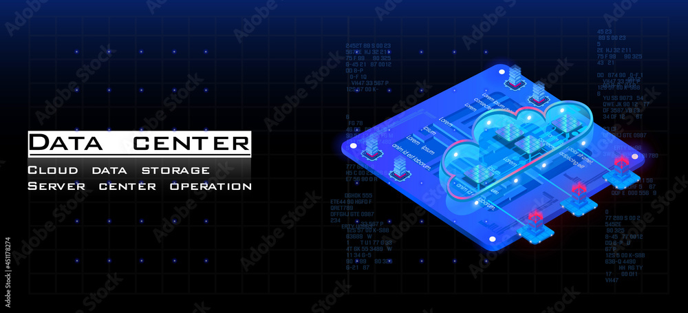 Poster isometric concept of cloud data storage and web hosting job. cpu processor for storing and processin