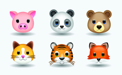 Set of animals vector emoji illustration. Pig, bear, panda, cat, fox and tiger in cartoon style. Collection of mixed cartoon animals.  © Turkan Jabbarli