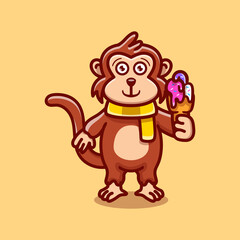 cute monkey eating ice cream illustration