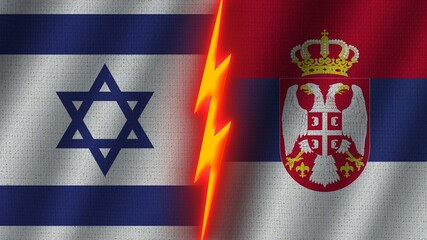 Serbia and Israel Flags Together, Wavy Fabric Texture Effect, Neon Glow Effect, Shining Thunder Icon, Crisis Concept, 3D Illustration