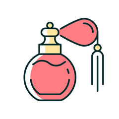Vintage perfume with pump RGB color icon. Antique scent bottle. Classic design with atomizer. Victorian-era cosmetic product. Female fragrance. Isolated vector illustration. Simple filled line drawing