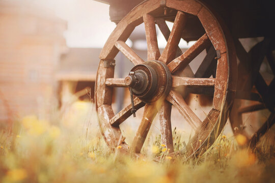 The wheels of an old wooden cart, which stands on a field among ears of spikelets and wild yellow flowers, and on the background of an old wooden church. Farming and harvesting. The peasantry.