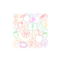 Fototapeta na wymiar One line different fruits in the shape of square isolated on a white backgrounds. Healthy vegetarian food set. Vector illustration.
