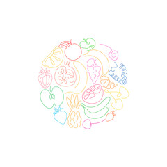 One line different fruits in the shape of circle isolated on a white backgrounds. Healthy vegetarian food set. Vector illustration.