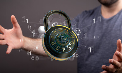 Businessman using digital padlock with data protection 3D rendering