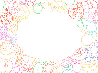 One line different fruits in the shape of frame with empty space isolated on a white backgrounds. Healthy vegetarian food set. Vector illustration.