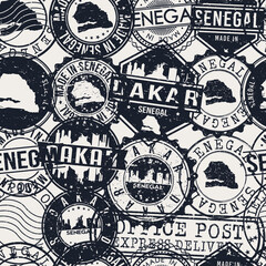 Dakar, Senegal Stamps Background. A City Stamp Vector Art. Set of Postal Passport Travel. Design Set Pattern.