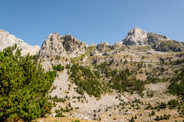 Fototapeta na wymiar Albanian mountain Alps. Mountain landscape, picturesque mountain view in summer. Albanian nature panorama