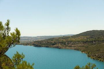 Fototapeta na wymiar landscape of the huge water reservoir in the middle of the sierra de Grado in Huesca Spain