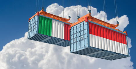 Freigth Containers with Italy and Indonesia national flags. 3D Rendering