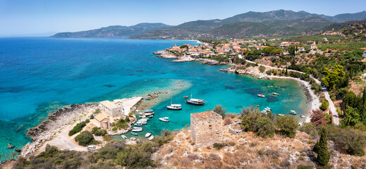 Panormiac aerial view of the marina and village of Kardamili, Mani, Peloponnese, Greece, with a...