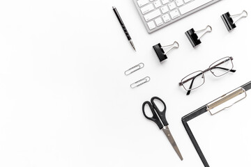 Office or home workspace with computer keyboard. Top view