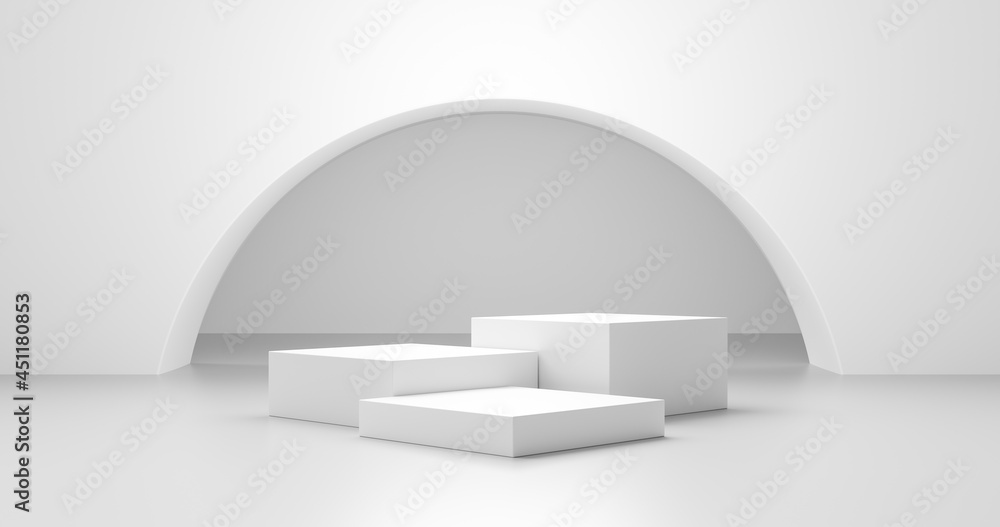 Poster White product background and empty blank space abstract design template display on modern platform stage interior light backdrop podium scene with advertising stand showcase studio room. 3D rendering.