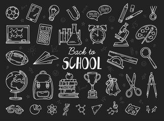 Back to school set of vector icons. A collection of linear elements of education in the doodle style. Objects drawn by hand on a blackboard on the day of knowledge. A ruler, a backpack and a globe.