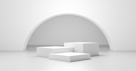 White product background and empty blank space abstract design template display on modern platform stage interior light backdrop podium scene with advertising stand showcase studio room. 3D rendering.