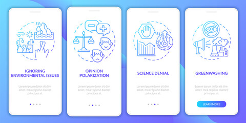 Fototapeta na wymiar Greenwashing gradient onboarding mobile app page screen. Opinion polarization walkthrough 4 steps graphic instructions with concepts. UI, UX, GUI vector template with linear color illustrations