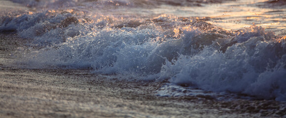 Beautiful wave with foam in the evening sea.