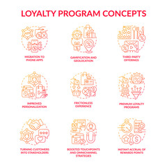 Loyalty program red gradient concept icons set. Customers engagement idea thin line color illustrations. Retention of clients. Reward program trends. Vector isolated outline drawings.