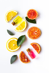 Citrus cosmetic with vitamin c and fruits essential oil. Top view