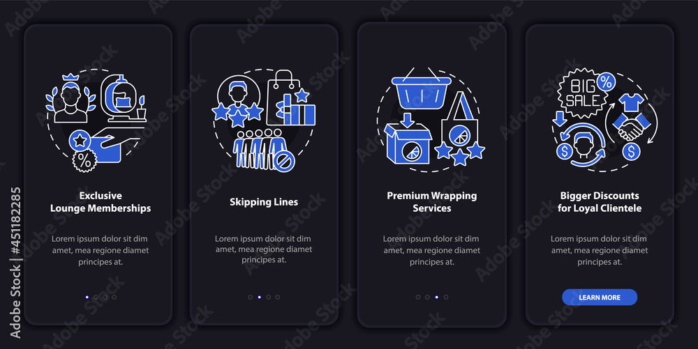 Poster loyalty program perks dark onboarding mobile app page screen. customers perks walkthrough 4 steps gr