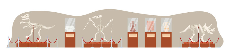 Paleontological, archaeological museum, exhibits of antiquities, dinosaur bones