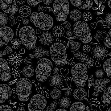 Day of the dead sugar skull pattern. Dia de los muertos print. Day of the dead and mexican Halloween. Mexican tradition  festival texture. Dia de los Muertos tattoo skulls on black background.