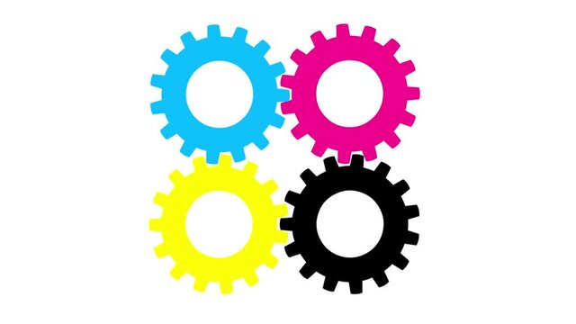 CMYK colours. Cartoon dynamic cogs four colours working animation. Simple machine good for DTP metaphor, etc...
