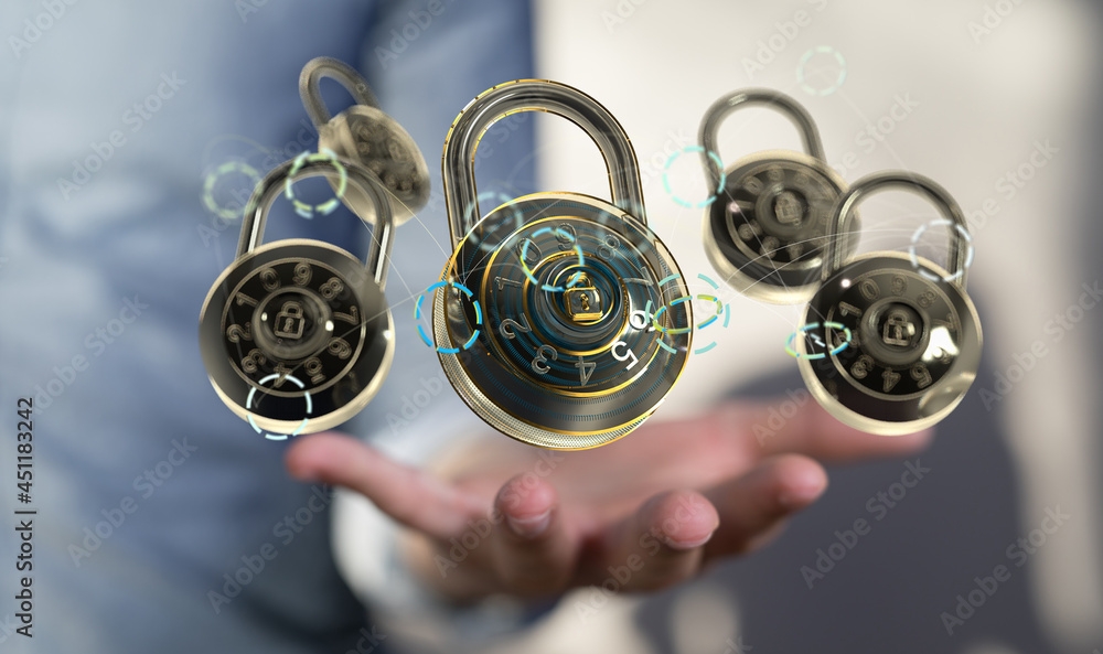 Poster Businessman using digital padlock with data protection 3D rendering