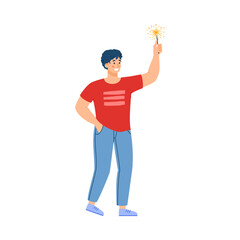 Young man with holiday sparkler in hand having fun at christmas party.