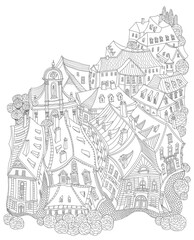 Vector black and white outline contoured fantasy landscape, fairy tale small town medieval buildings. T shirt print. Adults Coloring Book page, Travel brochure 