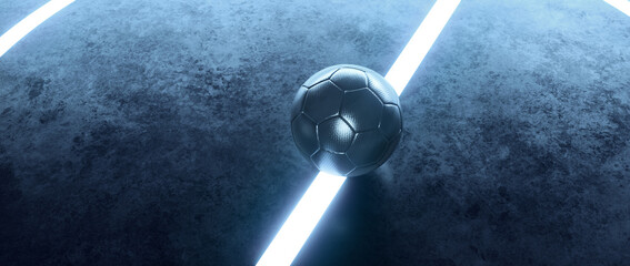 Blue futsal soccer field with ball in the center and light glowing lines background - obrazy, fototapety, plakaty
