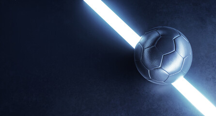 Close-up of an black futuristic futsal indoor soccer field with ball and copy space concept background