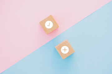 Yes or No, True or false symbols, accept rejected for evaluation on wooden blocks for vote,...