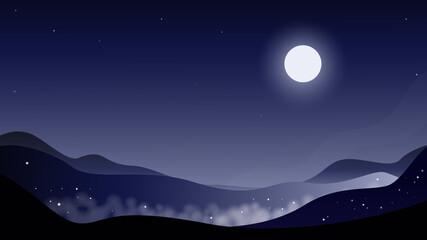 flat vector illustration of mountains, night mountains, fog, starry sky, moon in the sky vector