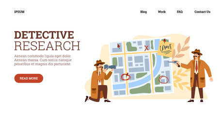 Detective research and crime investigation website, flat vector illustration.