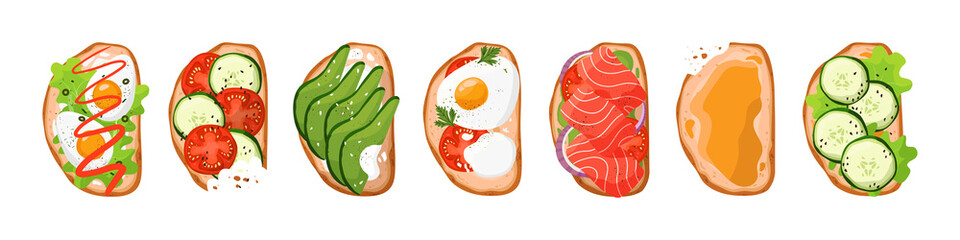 Set of toasts. A collection of toast and sandwiches with different ingredients. Slices of bread with eggs, lettuce, tomatoes, cucumbers, avocado, red fish, honey. Vector isolated on a white background