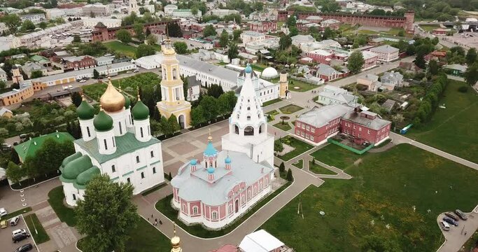 Panoramic view from drone of the church and temple of city Kolomna. Russia