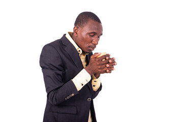 young business man holding paper cup of coffee.