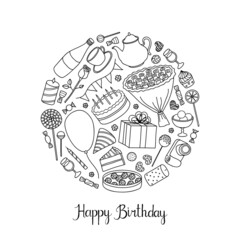 Hand drawn festive items in circle.