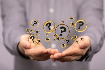 Businessman solving problem with digital question marks 3D rendering