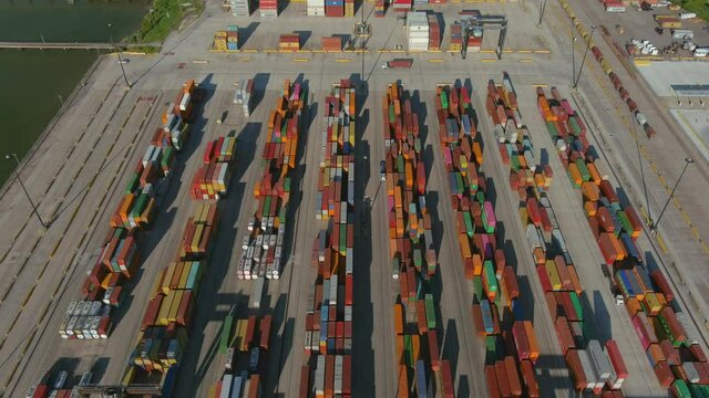 Aerial establishing shot of large shipping port in La Porte, Texas