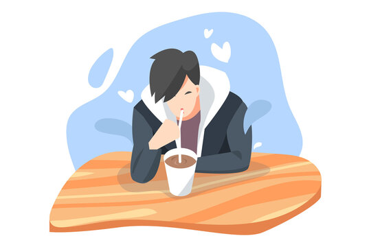 illustration of a young man drinking coffee at a wooden table. isolated on a blue background. suitable for the theme of cafes, coffee shops, casual, young people, lifestyle, etc. flat vector style