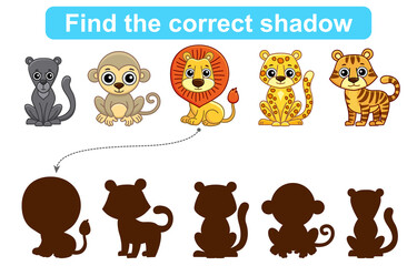 Find correct shadow. Kids educational game. Set of Forest and Zoo Animals to find the correct shadow. Simple gaming level for preschool kids