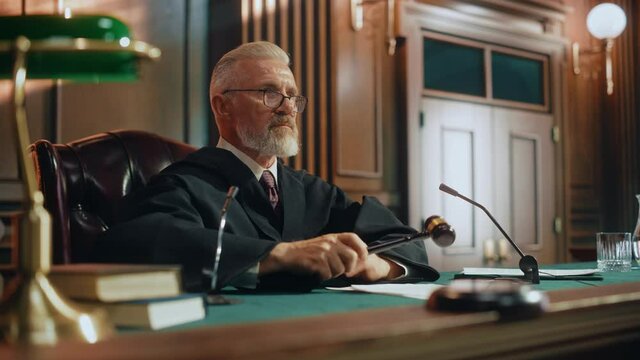 Court of Justice Trial: Portrait of Impartial Judge Pronouncing Sentence, striking Gavel. Unbiased Judgment after Deliberation if the Law Was Broken, Find the Defendant Guilty, Not Guilty Verdict