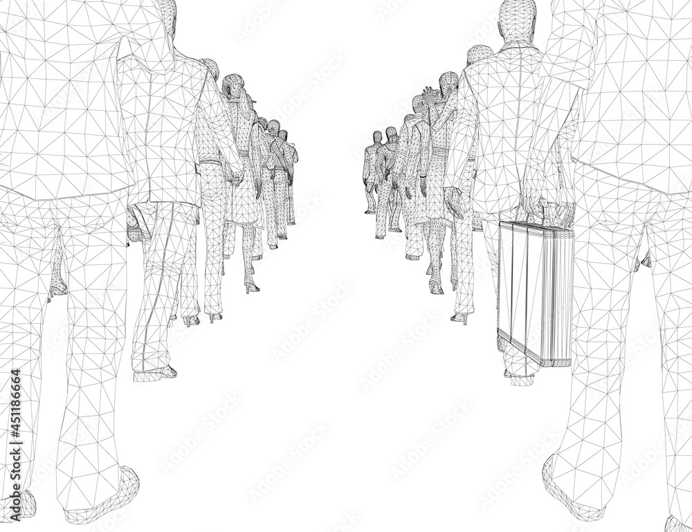 Poster wireframe crowd of people standing in a row from two sides from black lines isolated on white backgr