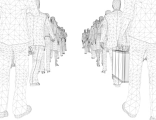 Wireframe crowd of people standing in a row from two sides from black lines isolated on white background. 3D. Queue of people. Vector illustration